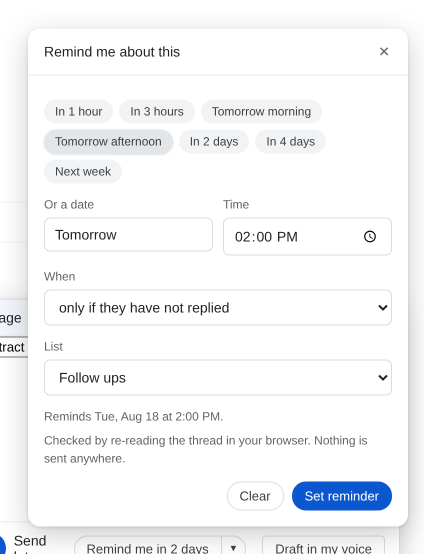 The Remind me picker in Gmail's compose window: quick time chips, a date and time, and the choice to remind only if they have not replied
