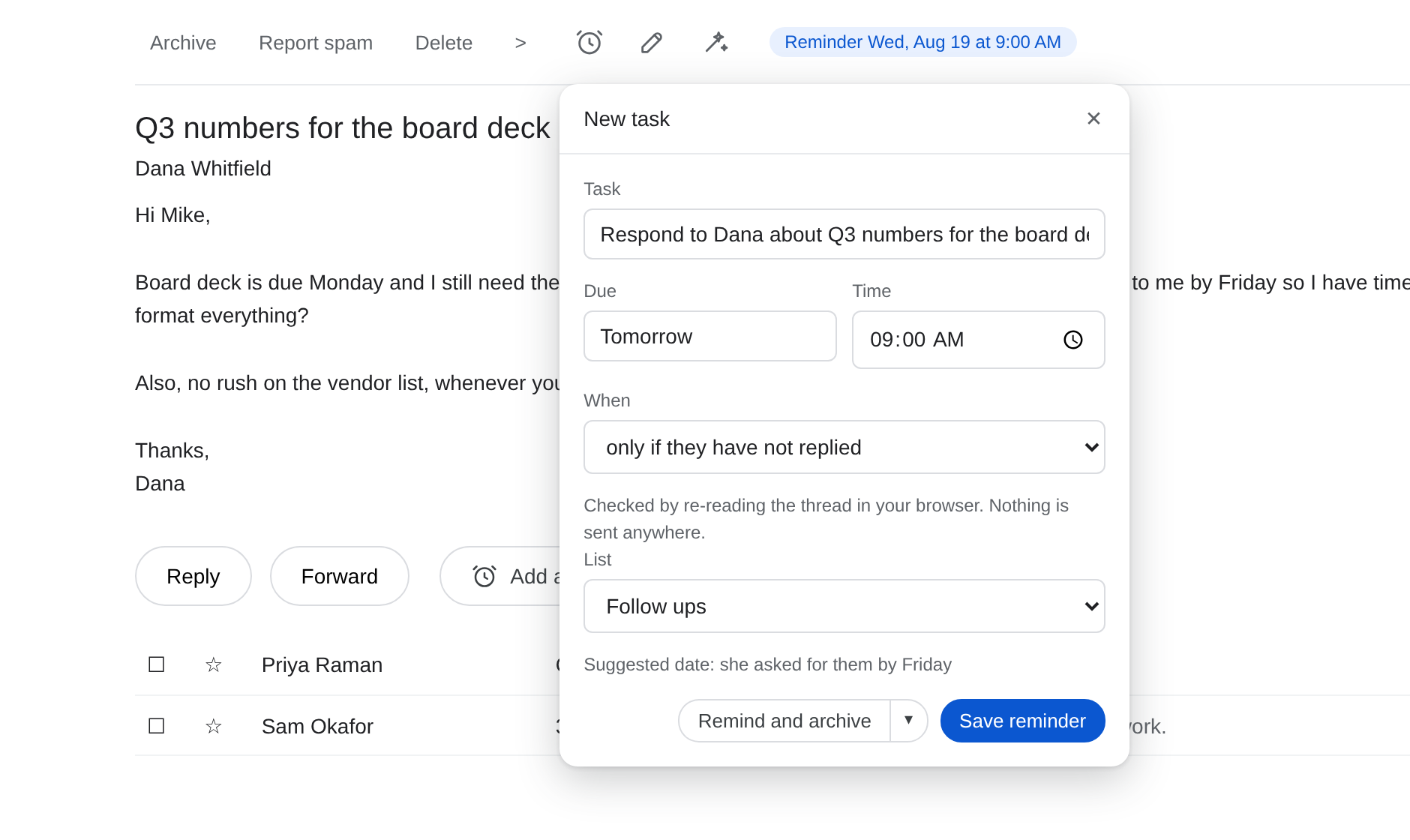 QuillReply's task popover open inside a Gmail conversation, with the reminder set to fire only if they have not replied