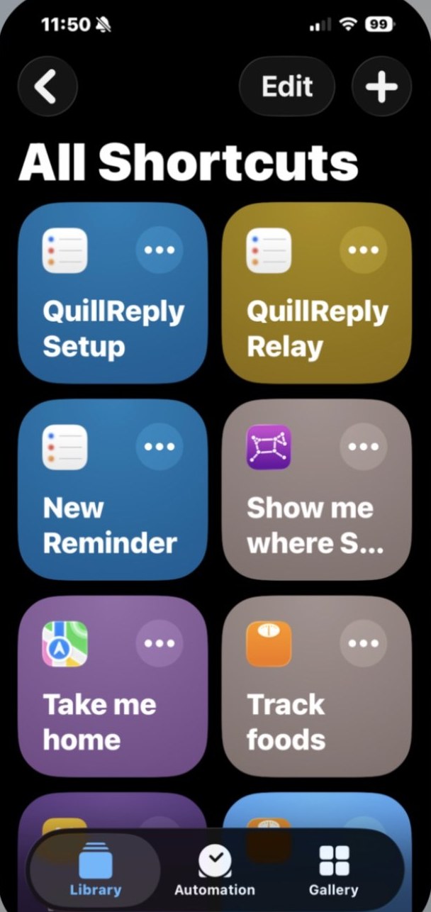 The Shortcuts app library showing the QuillReply Setup and QuillReply Relay shortcuts installed side by side