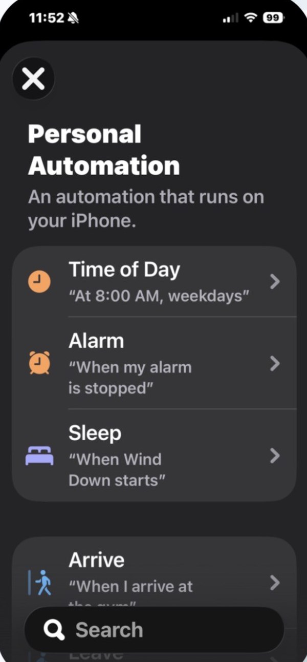 The New Automation screen in the Shortcuts app, with Time of Day at the top of the trigger list