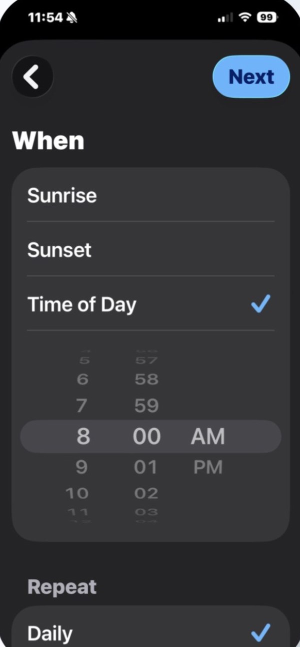 The Time of Day settings: 8:00 AM selected, Repeat set to Daily