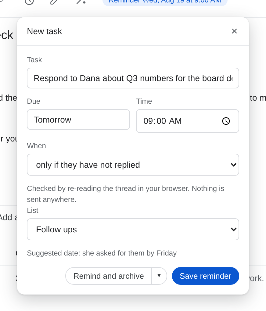 The New task popover with a suggested title, a due date, the only-if-they-have-not-replied option, and a list picker