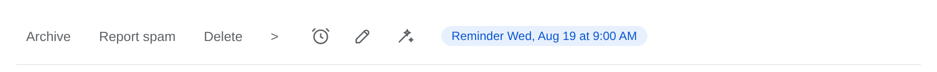 A Gmail conversation toolbar showing QuillReply's icons and an armed reminder flag reading Reminder Wed, Aug 19 at 9:00 AM